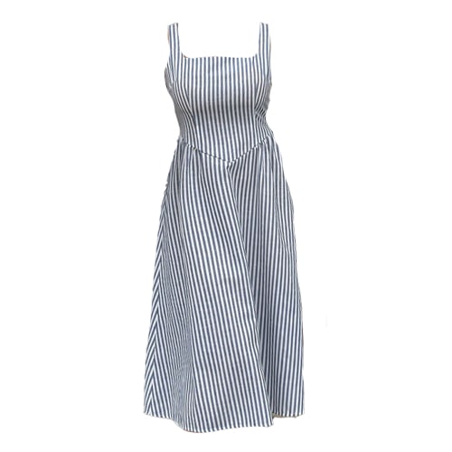 Shein Siren Gaze Women Striped Print Square Neck Sleeveless Mid-Calf Scandi Summer Dress